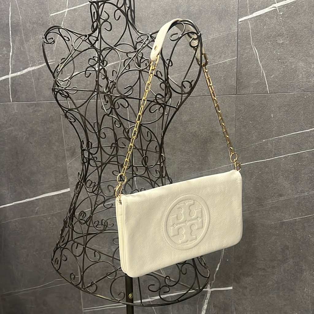 Tory Burch Cream Leather Shoulder Bag With Gold Hardware